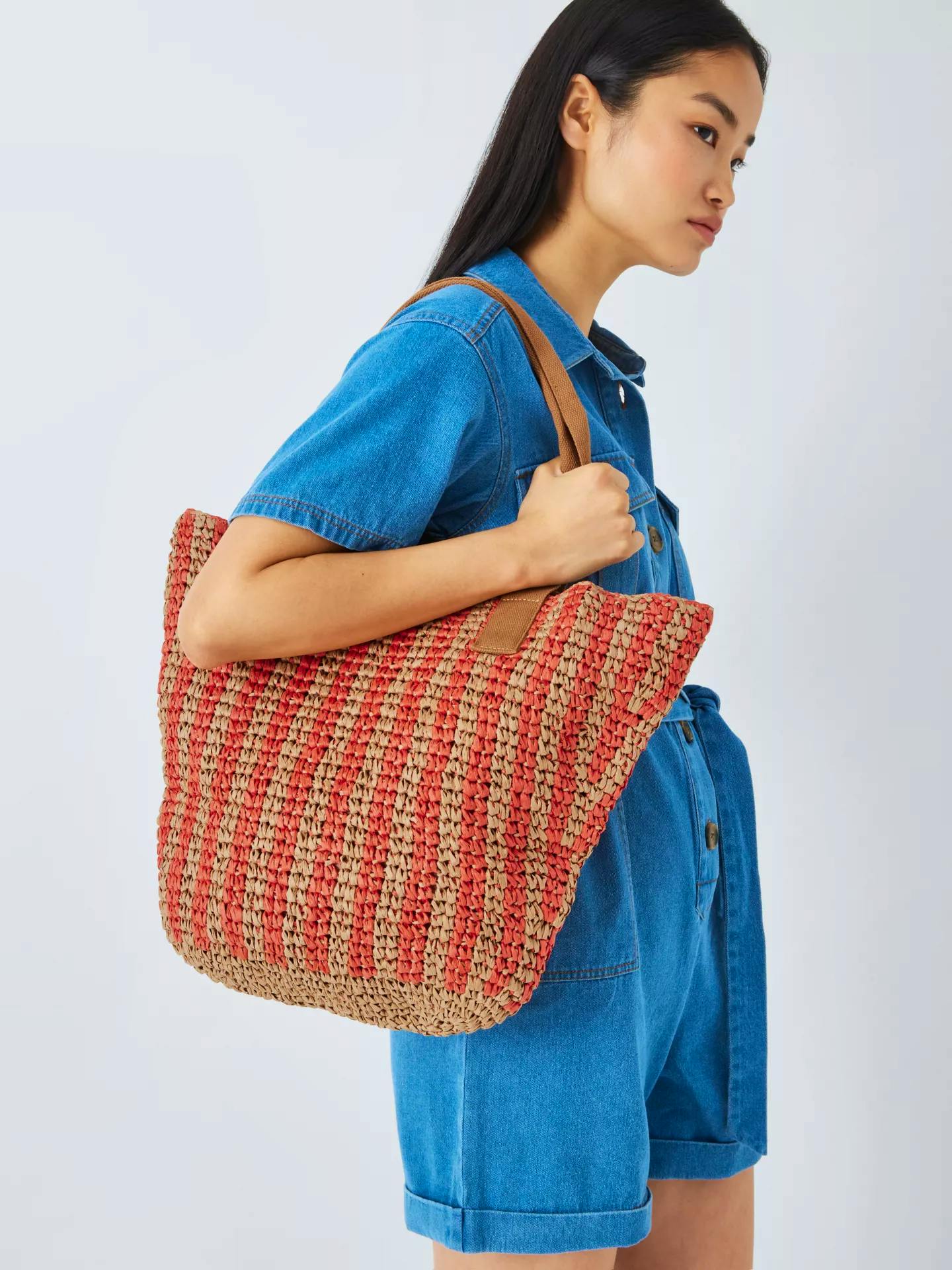 John Lewis ANYDAY Raffia Tote Bag, Coral/Natural, £28