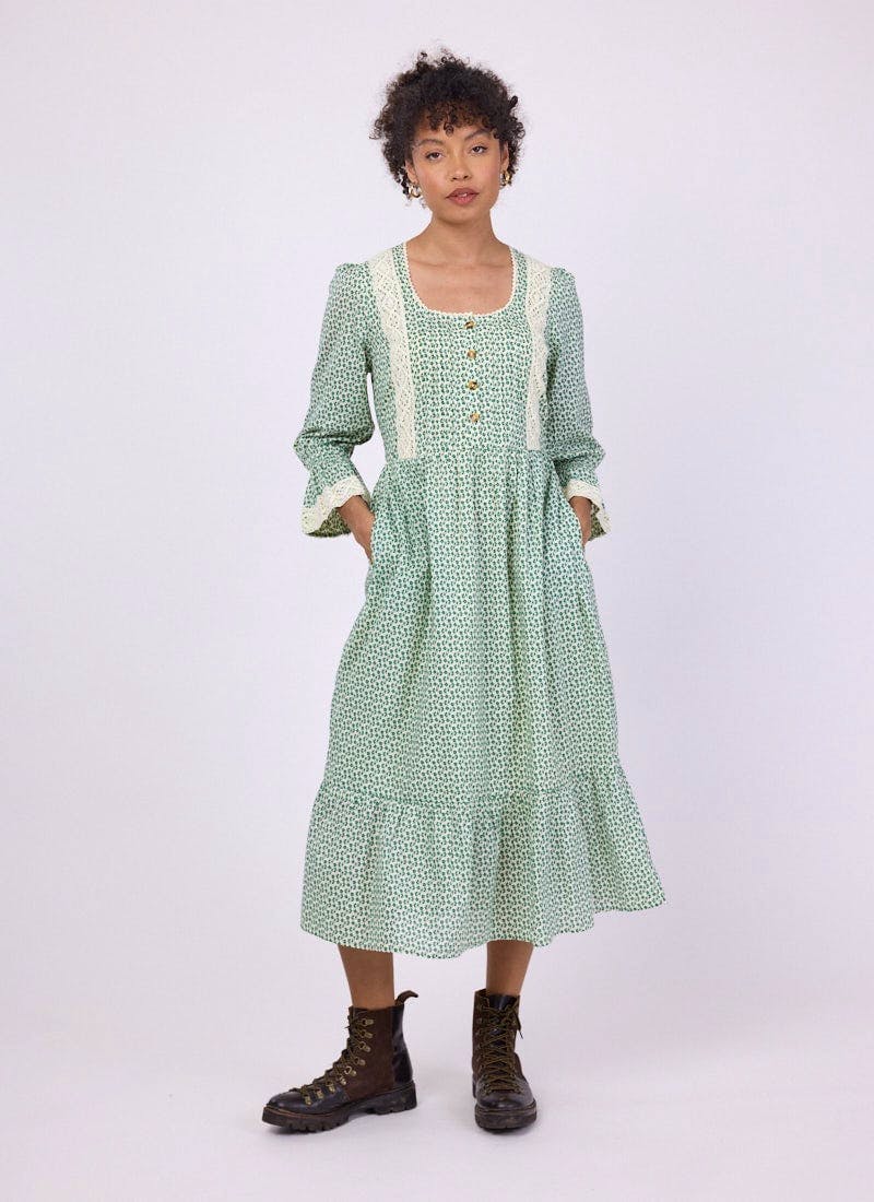 Joanie Eleri Sage Floral Print Crochet Trim Prairie Dress, £89