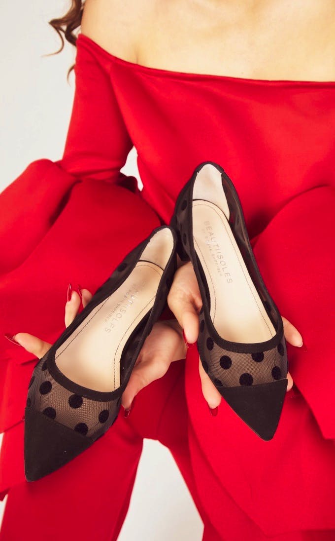 Beautiisoles Blake Black Polka Dots Mesh Work Evening Comfortable Sexy Flat Ballerina, £351