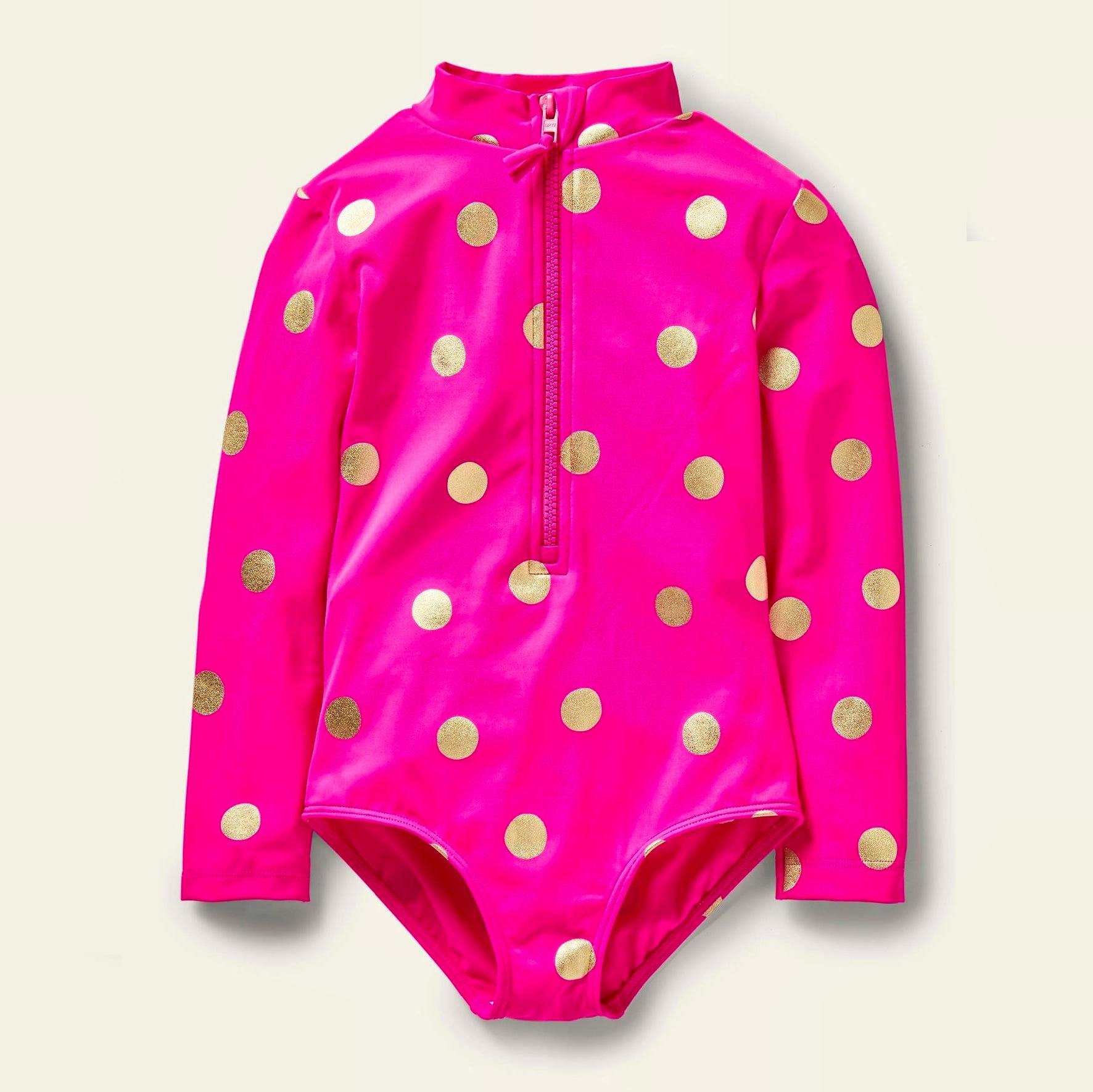 Boden Long-Sleeved Swimsuit, Fuchsia Pink, Gold Foil Spot, From £25