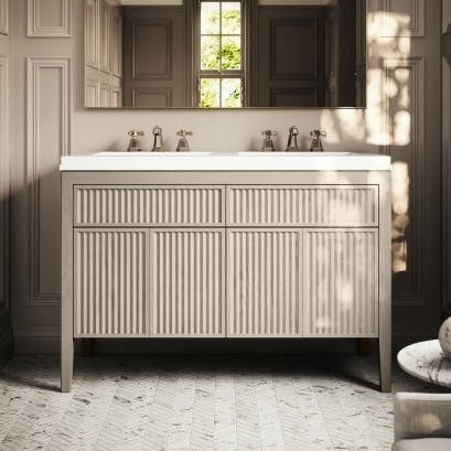 Lusso Tiffany Velvet Beige Wood Grain Double Vanity Unit, £1,497