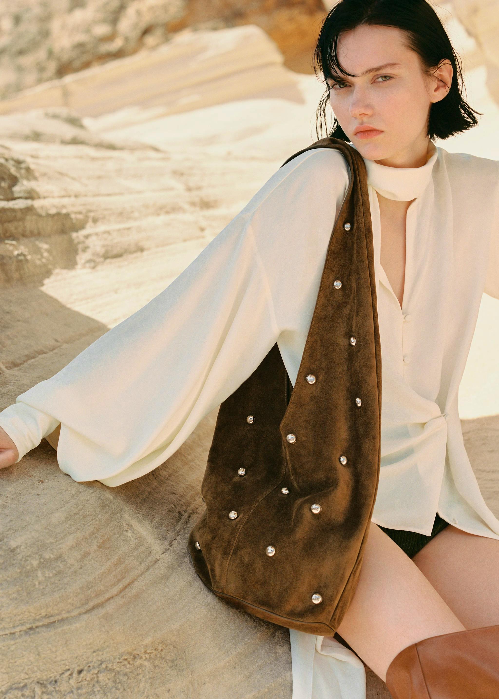 Mango Split Leather Bag With Studs, £169.99