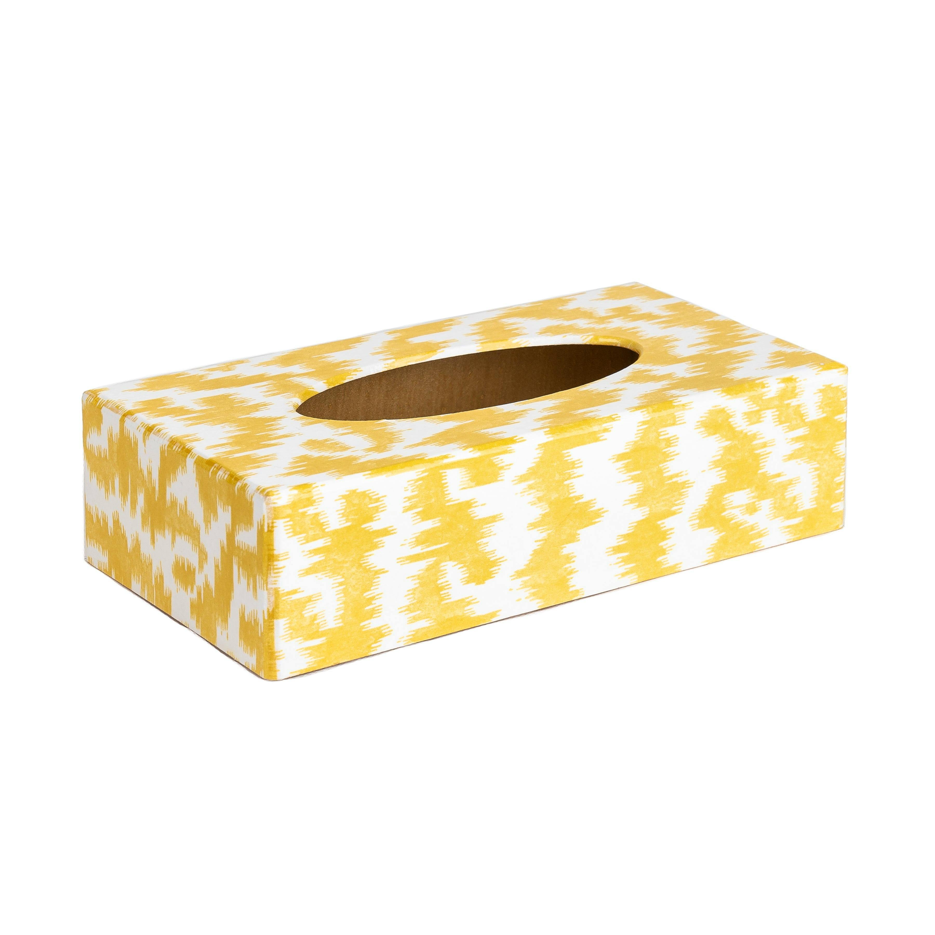 Crackpots Yellow Ikat Rectangular Wooden Tissue Box, £32
