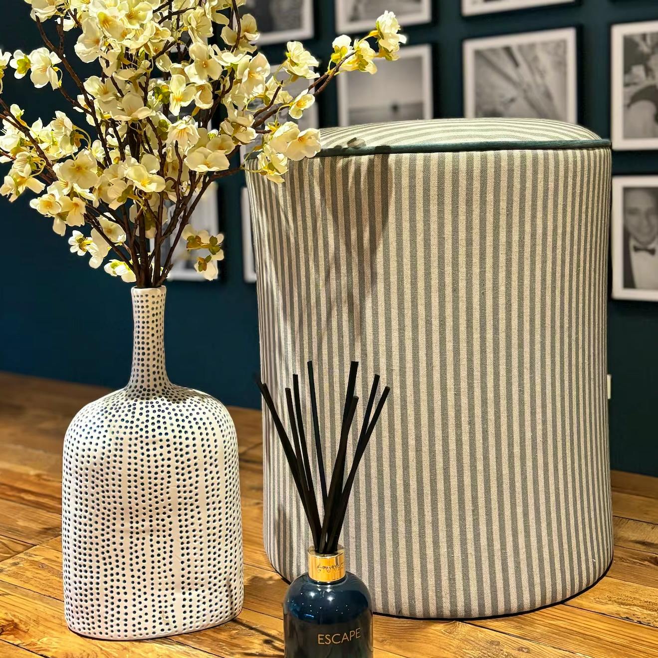 Etsy Boucle Cottage, Ticking Round Footstool, £150