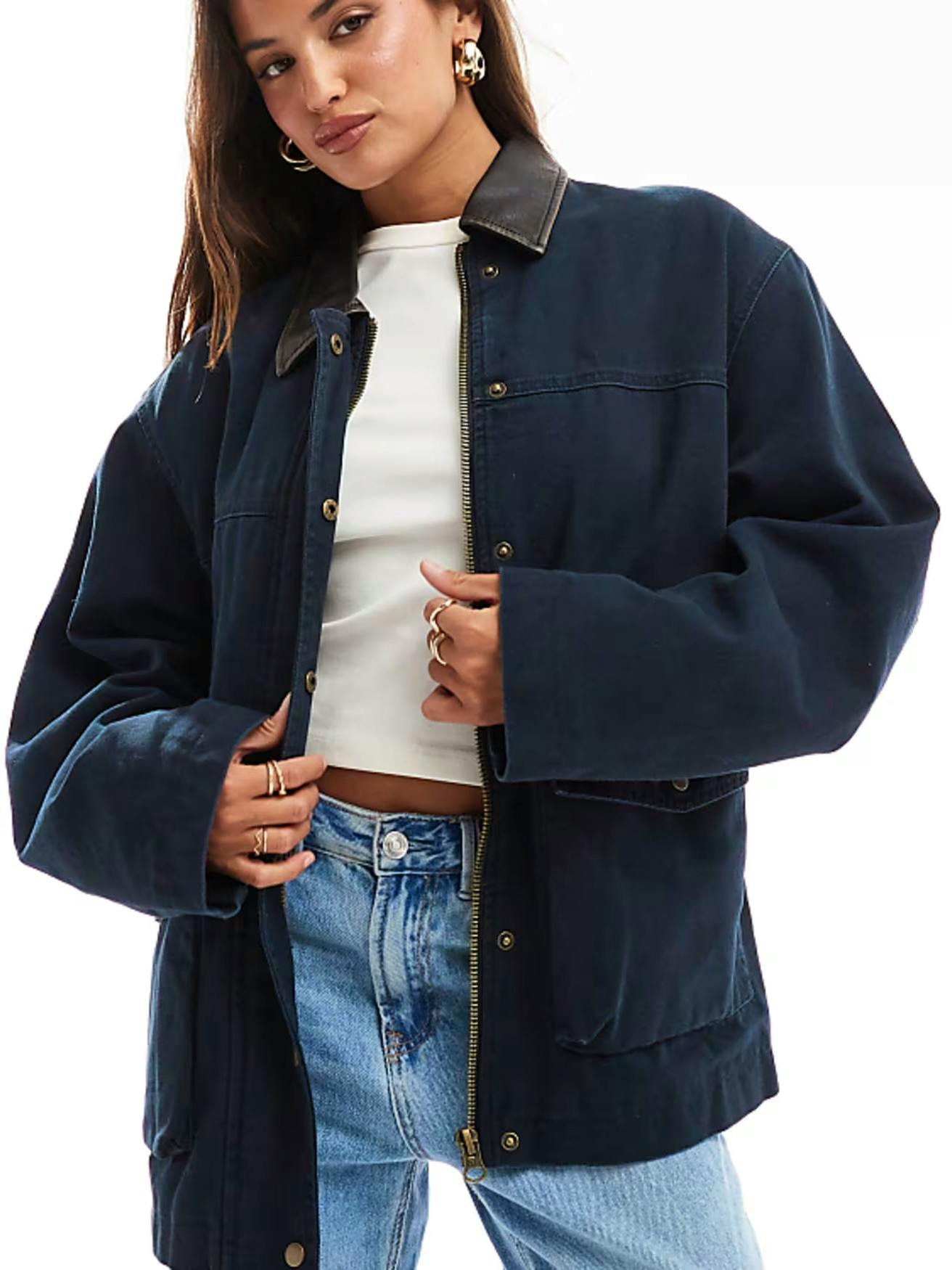 ASOS Oversized Washed Jacket With Leather Look Collar In Navy, £65