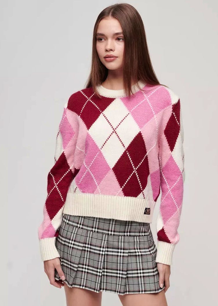 Superdry Jacquard Pattern Crew Jumper, Pink/Argyle, £54.99