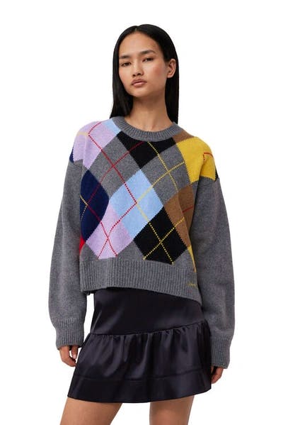 Ganni Harlequin Wool Mix Oversized O-neck Pullover In Grey, £177 (Was £295)