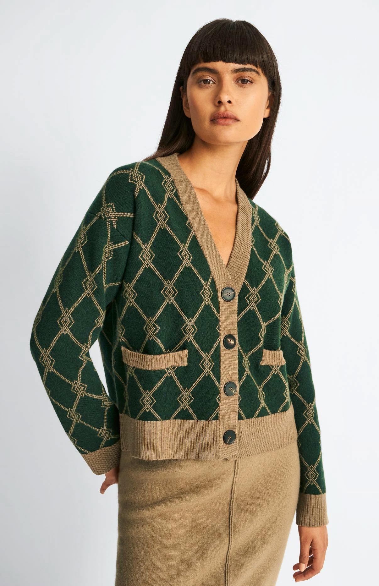 Pringle of Scotland Cashmere Blend Monogram Cardigan In Moss Green / Camel, £375