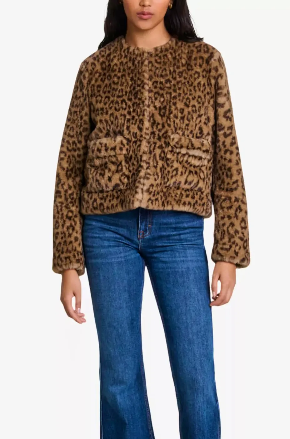Maje Leopard-Print Round-Neck Faux-Fur Jacket, £449