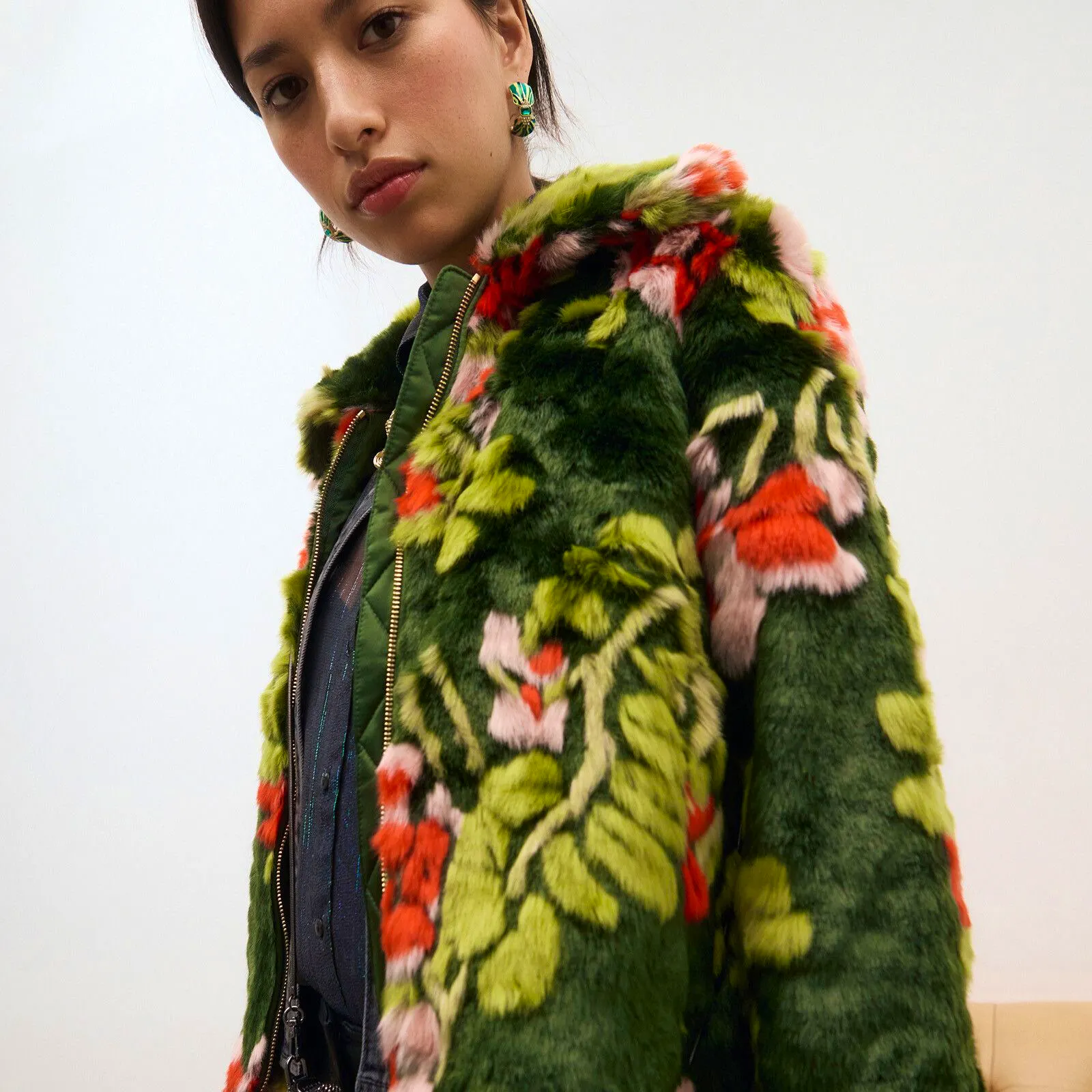 Oliver Bonas Green Floral Faux Fur Coat, £98