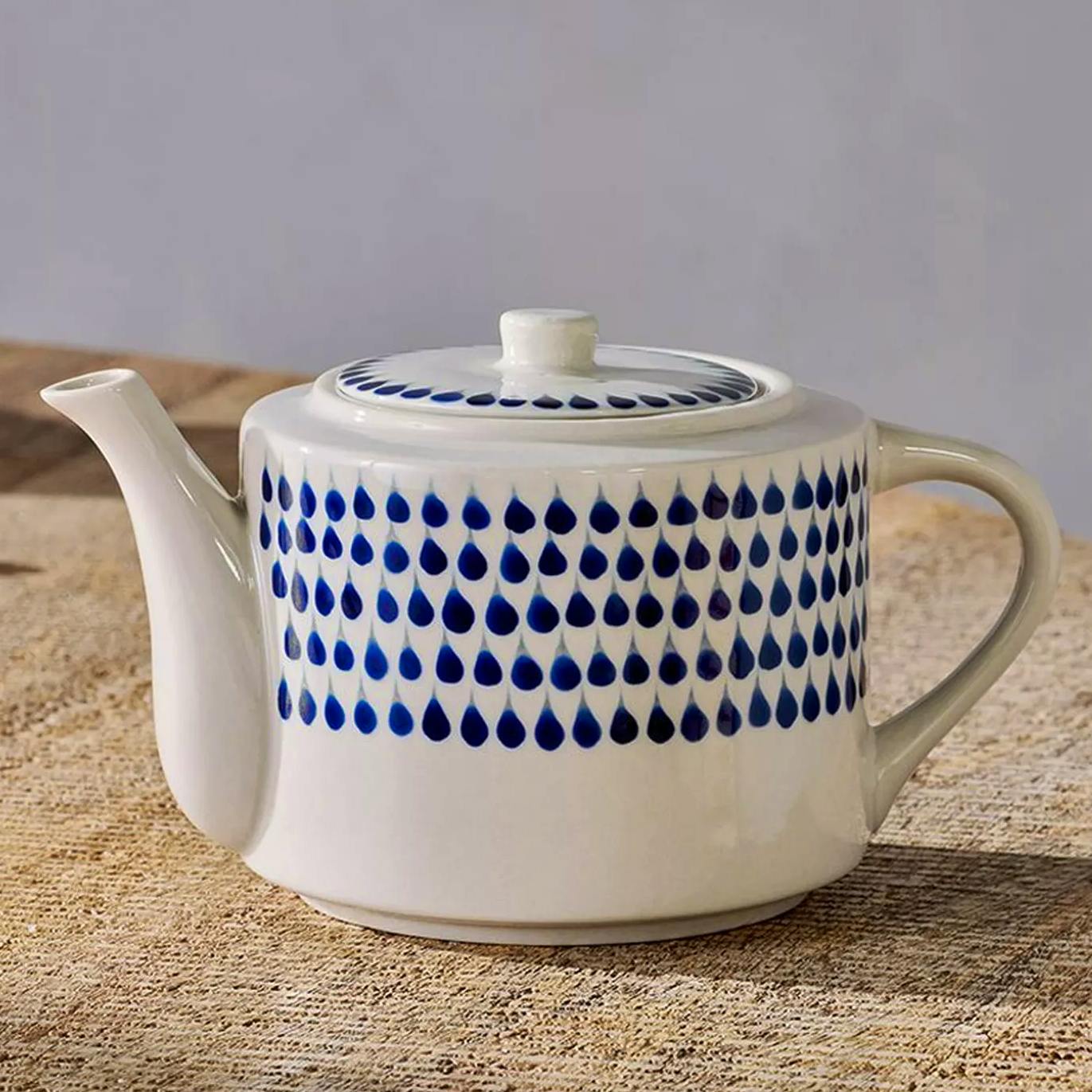 Nkuku Indigo Drop Ceramic Teapot, Cream/Blue, £45
