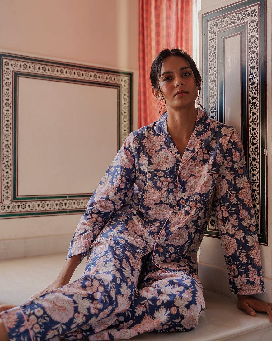 Dilli Grey Waterlily Long Sleeve PJ set in Midnight Blue, £85