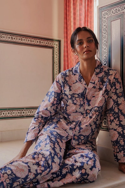 Dilli Grey Waterlily Long Sleeve PJ set in Midnight Blue, £85