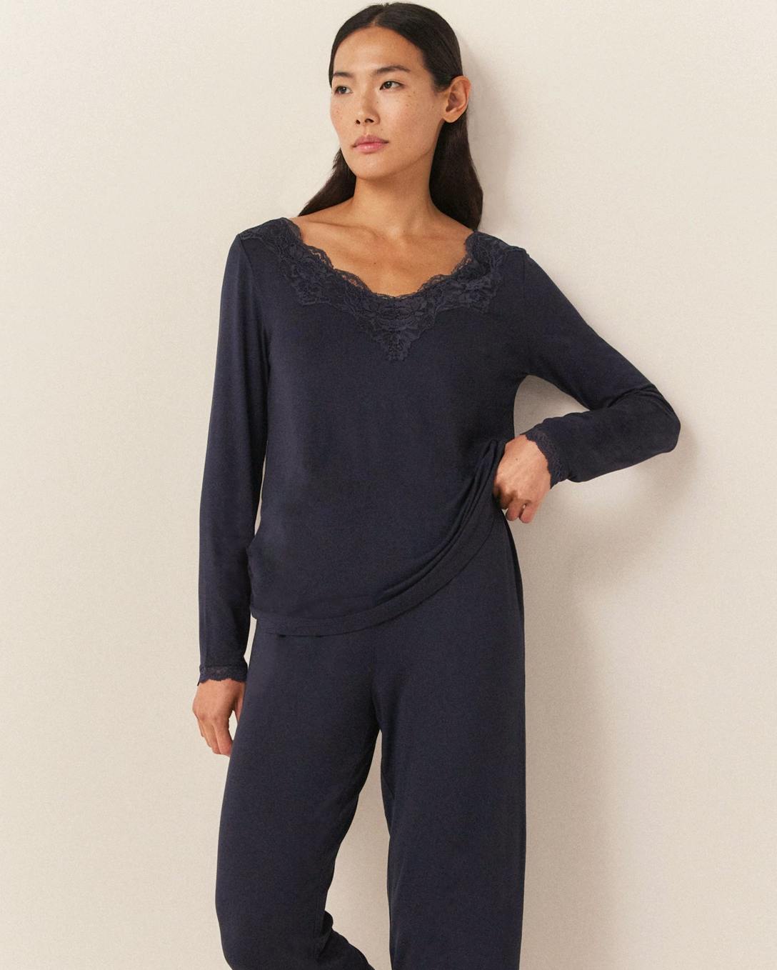 The White Company Jersey Long Sleeve Applique Lace Pyjama Set, £70