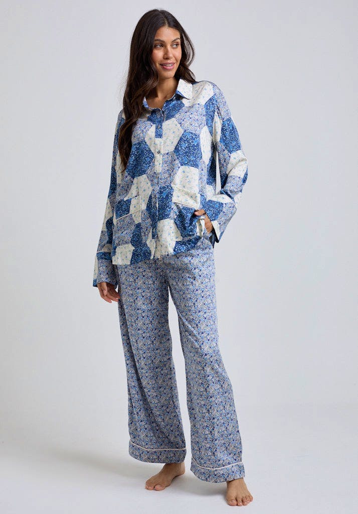 Lily & Lionel Evie Aster Patchwork Pyjama Set In Blue, £70 (Was £80)