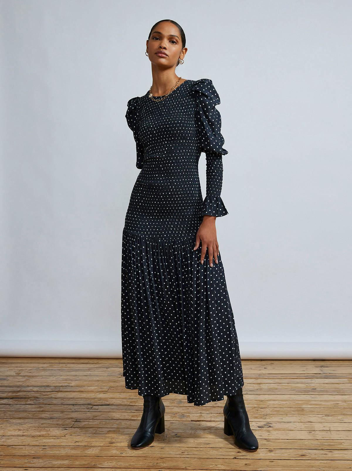 Kitri Wren Black Polka Dot Shirred Midi Dress, £195