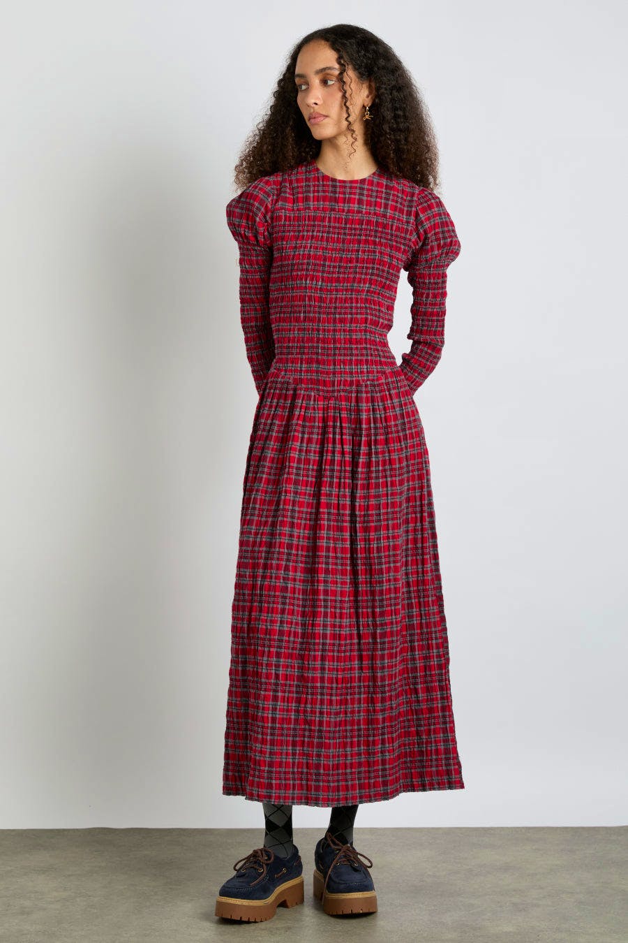 Damson Madder Alice Shirred Midi Dress- Red Check, £100