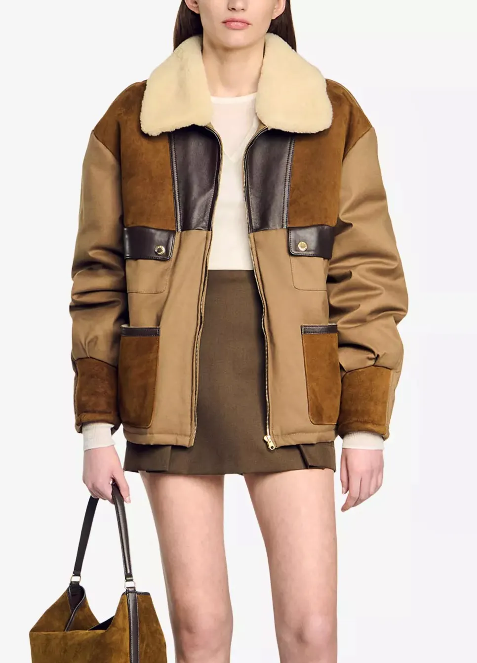 Sandro Contrast-Panel Shearling-Collar Cotton And Leather Jacket, £665 (Was £1,109)
