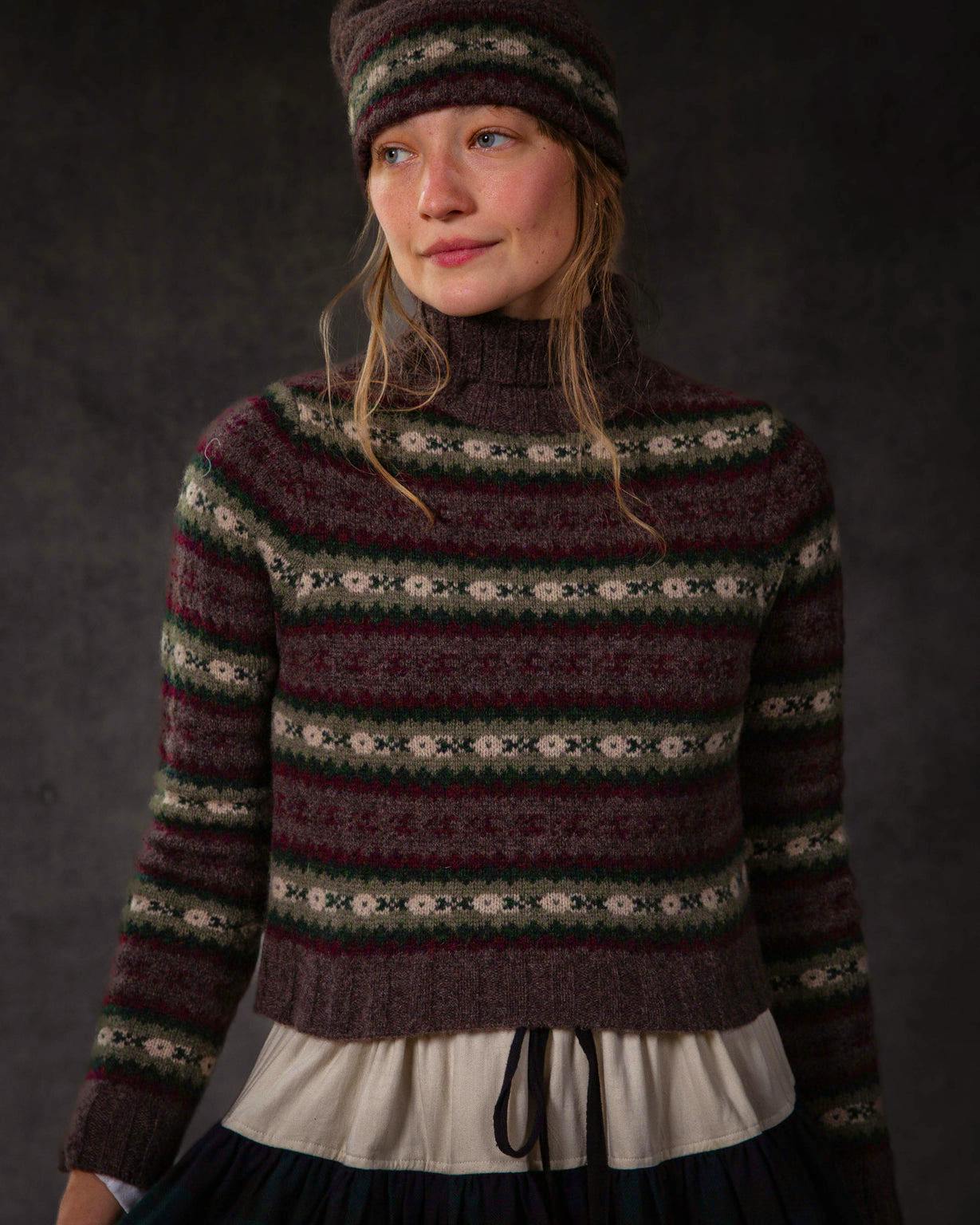 Cabbages & Roses Cropped Roll Neck Sweater in Fair Isle Wool, £175