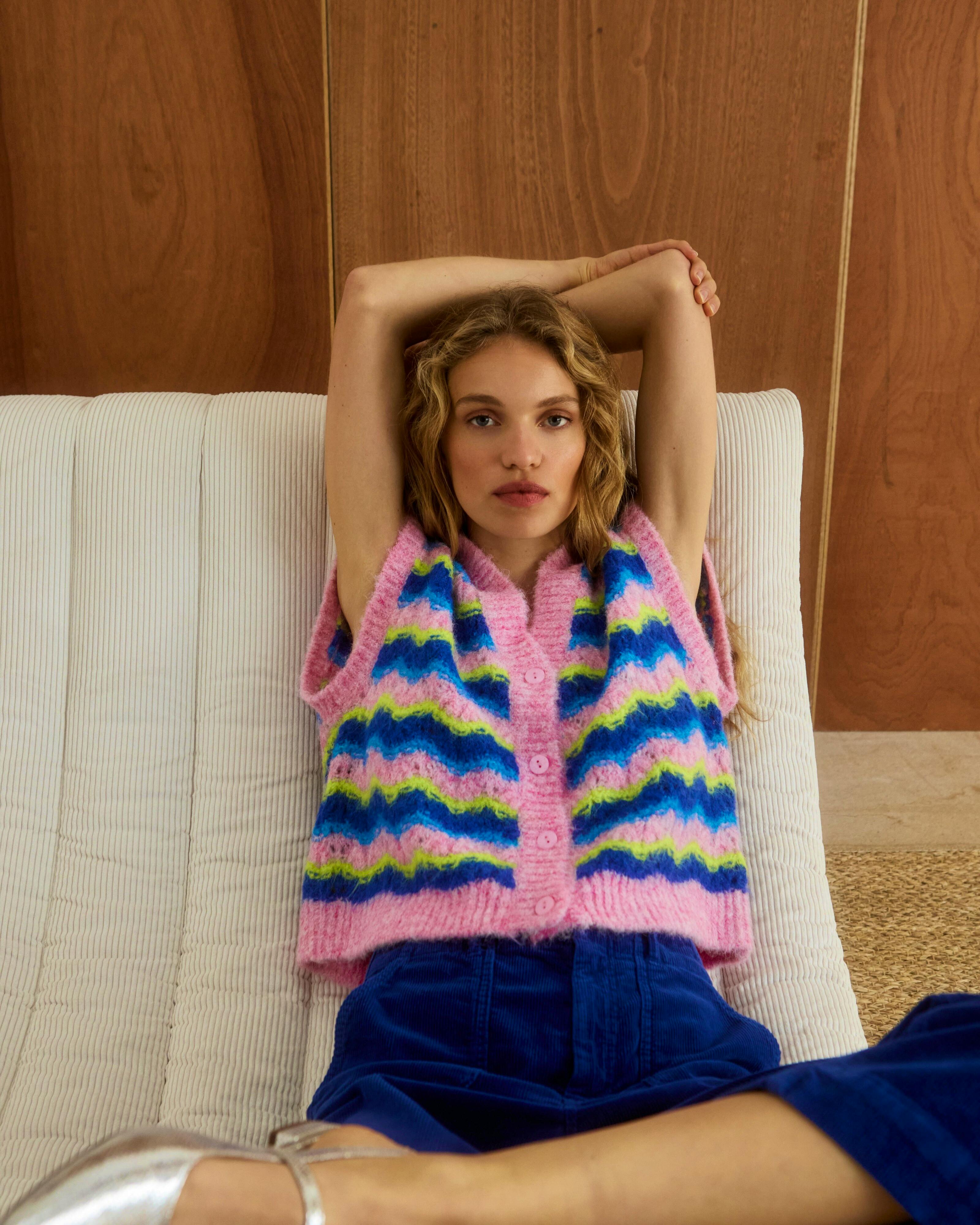 Pink & Blue Striped Knitted Waistcoat £50