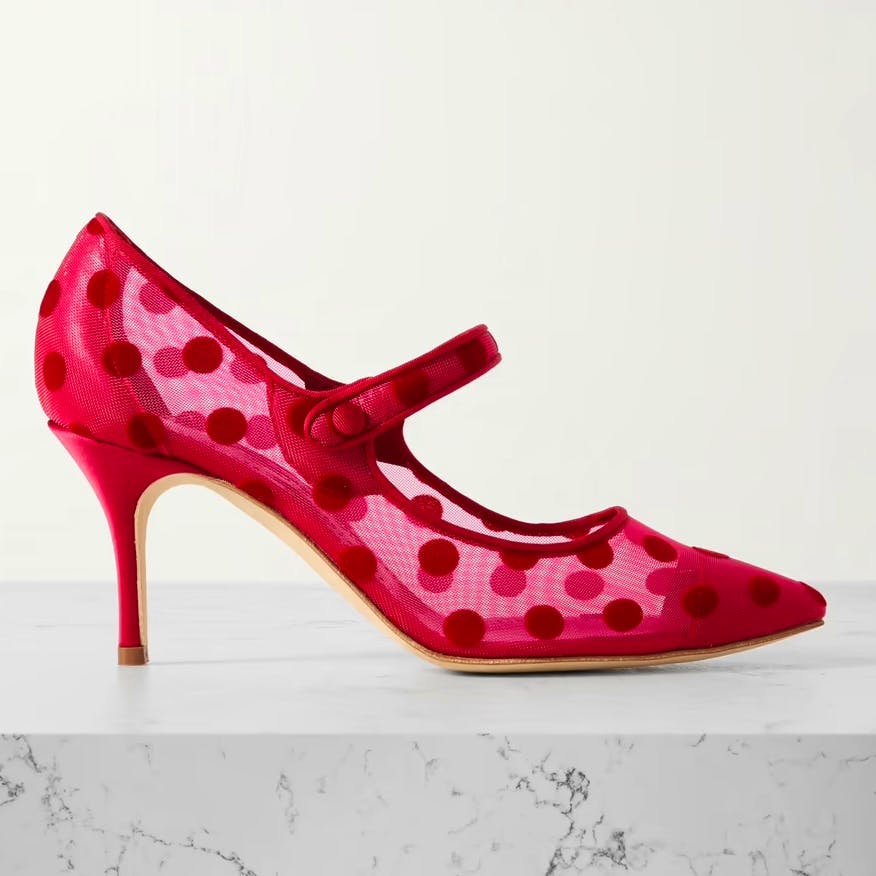Manolo Blahnik Campari 70 Grosgrain-Trimmed Flocked Mesh Mary Jane Pumps, £675