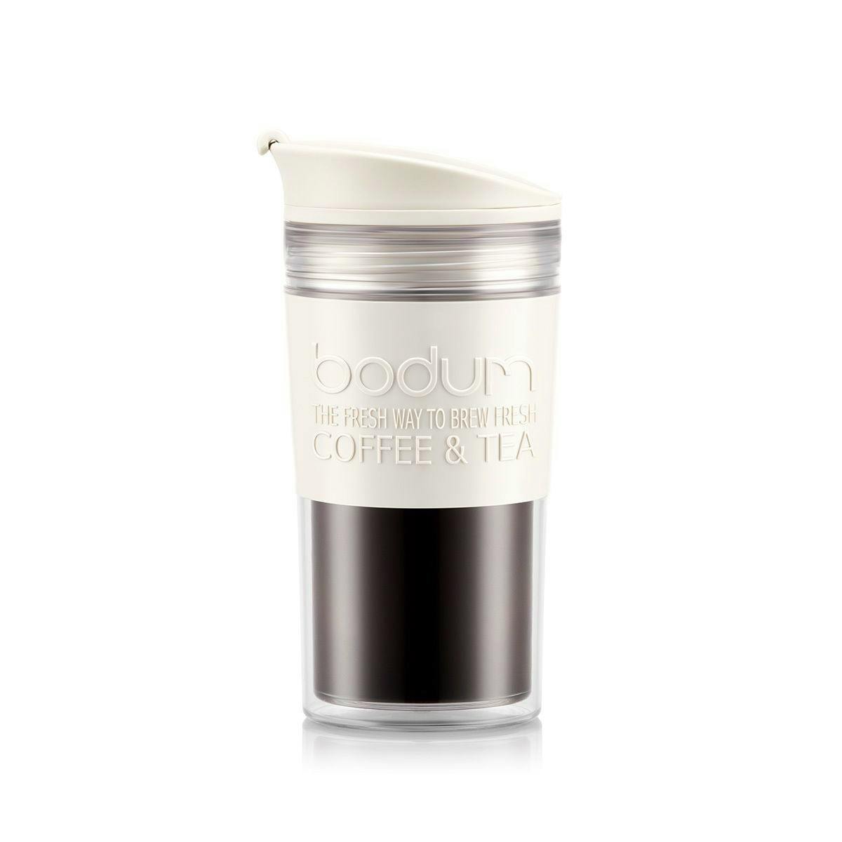 Travel Mug, 0.35 l, 12 oz Durable and robust, this double wall plastic travel mug has a non-slip silicone band for comfortable carrying and secure lid with drinking aperture.  Great for early starts or long commutes. You can go straight from cafetiere to cup. Bodum, £12.90