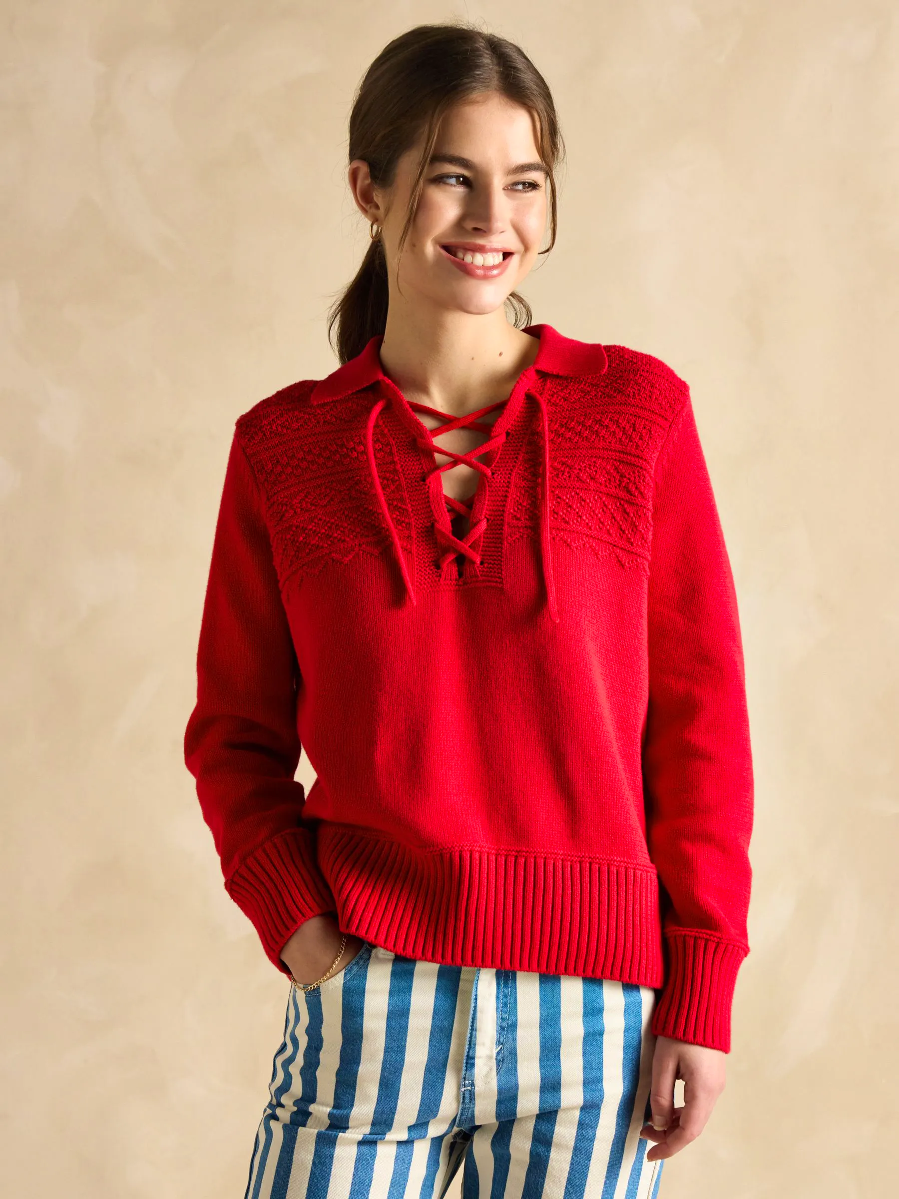 Annie Red Lace Up Collared Cotton Jumper £66