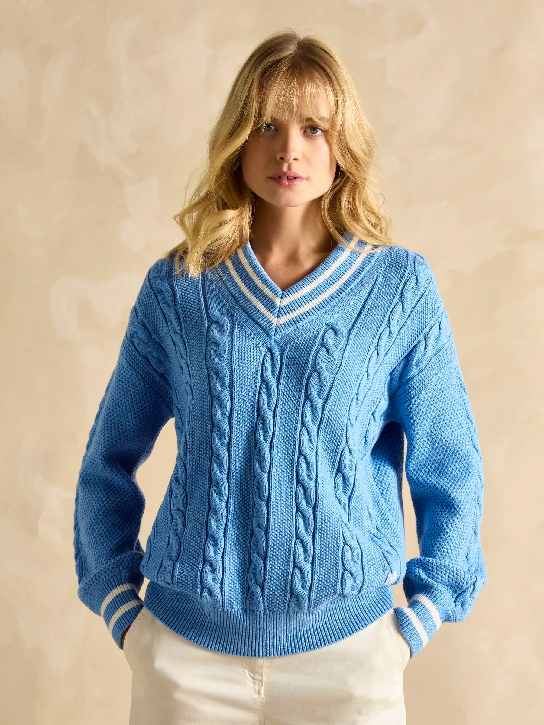 Dibbly Blue Cotton Cable Knit Cricket Jumper £65
