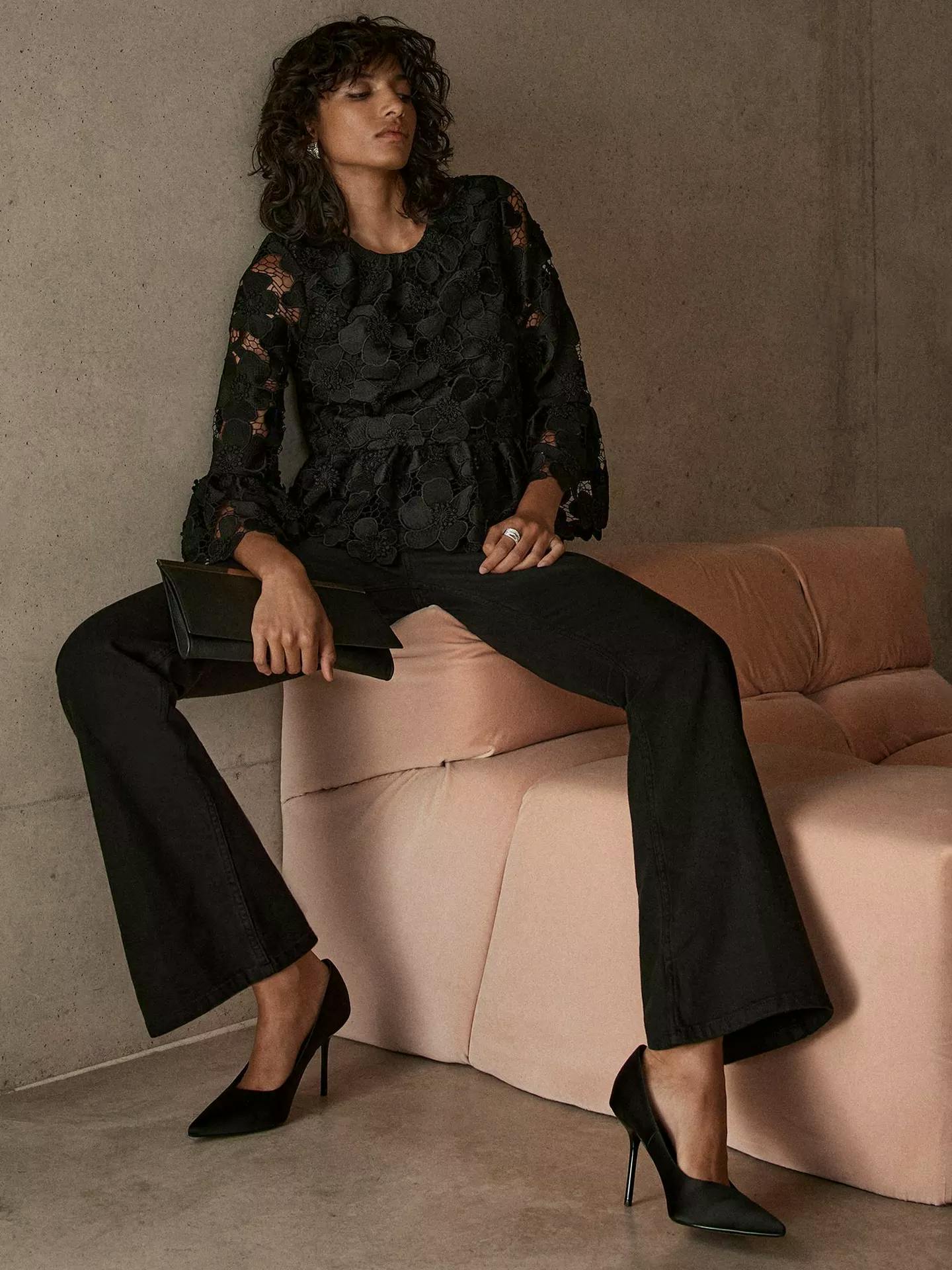 Mint Velvet Black Floral Applique Top, Now £59