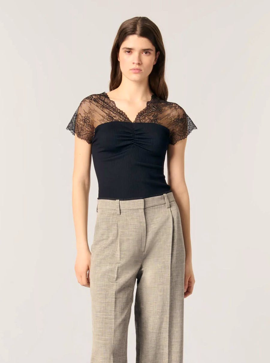 Maje Jersey Top With Lace Trim, £149