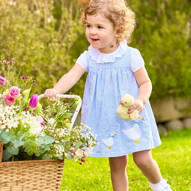 Trotters Blue Stripe Baby Duck Pinafore, £52