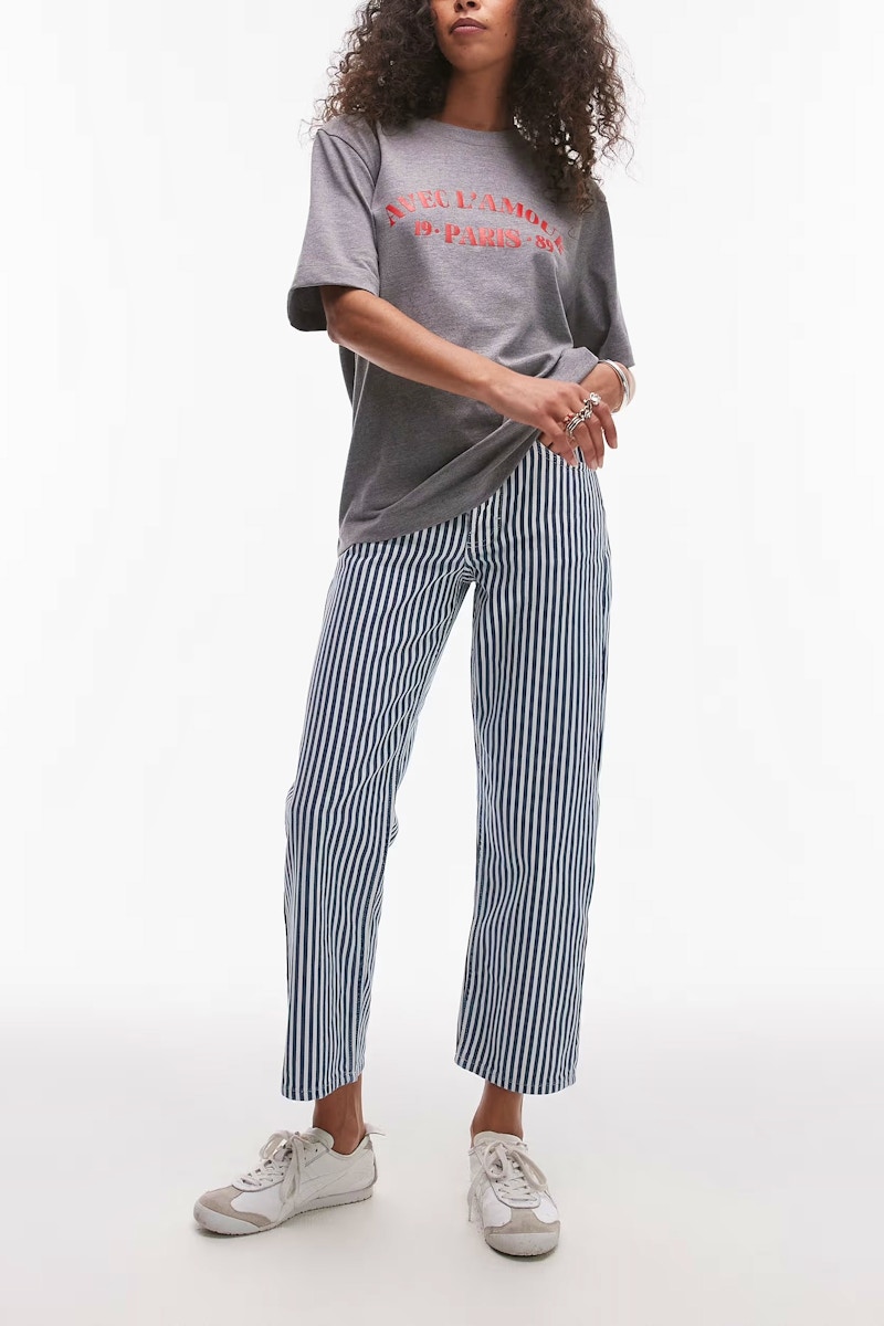 ASOS Topshop Stripe Cropped Mid Rise Straight Leg Trouser In Blue, £46