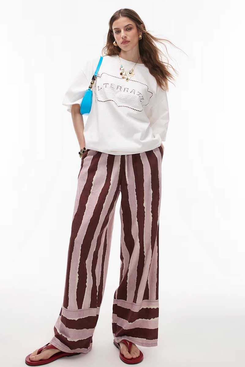 ASOS Topshop Linen Brush Stroke Stripe Deep Cuff Straight Leg Trouser In Burgundy, £46