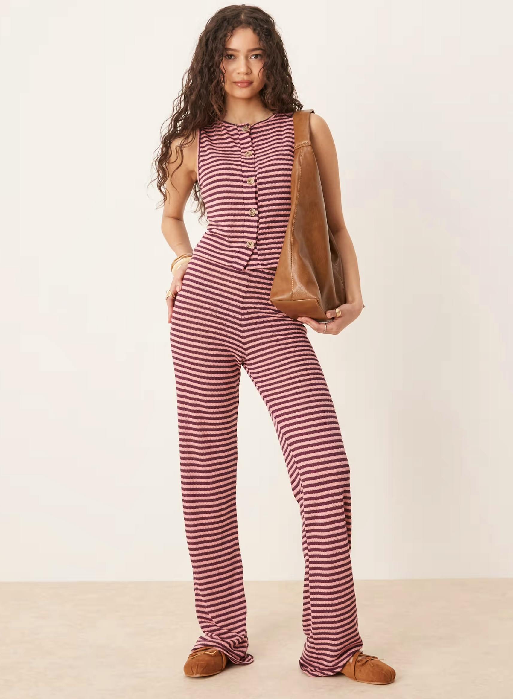 ASOS ASOS DESIGN Knitted Wide Leg Trouser Co-Ord In Pink And Burgundy Stripe, £28