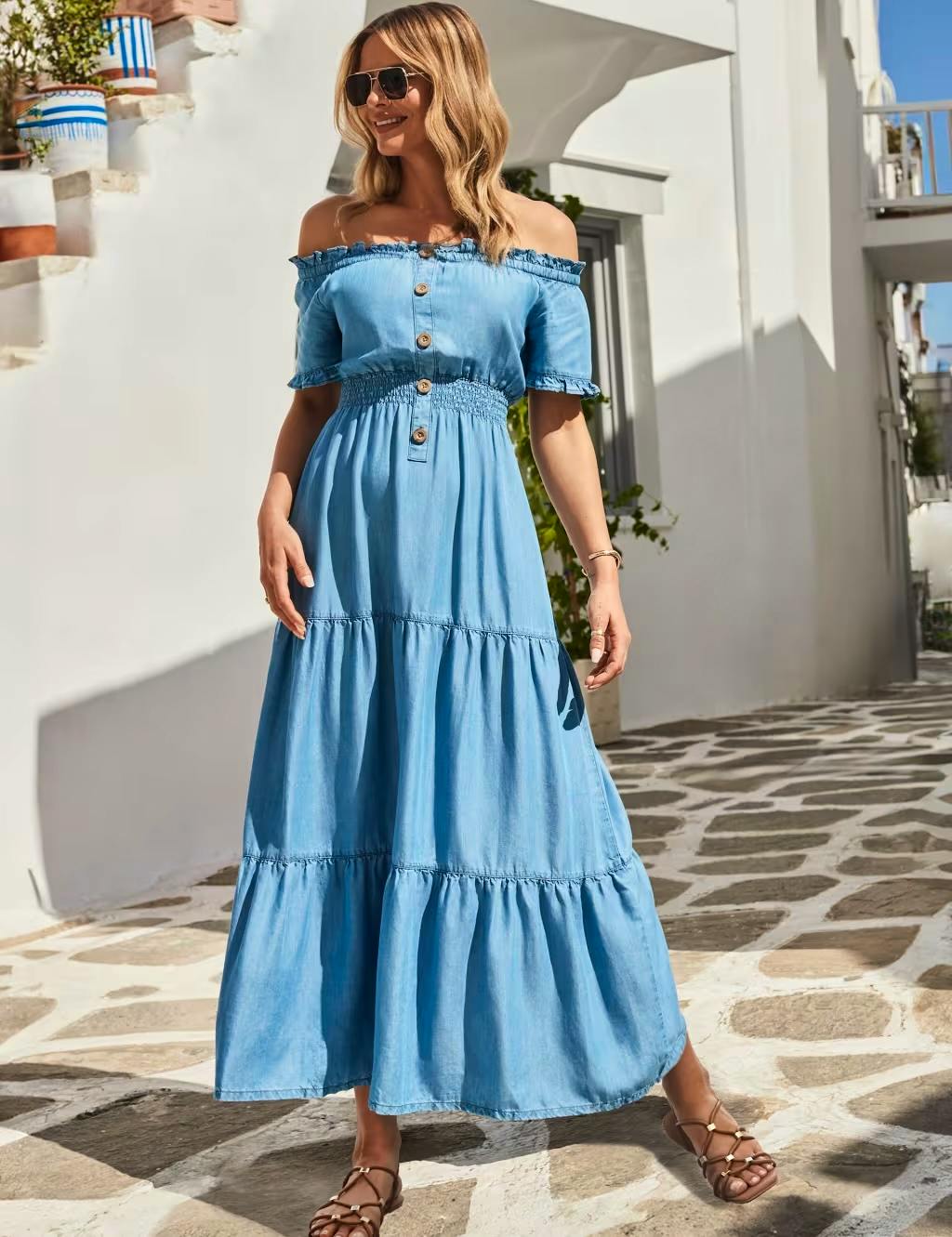 M&S X Sosandar Pure Lyocell Bardot Midaxi Shirred Dress, £75