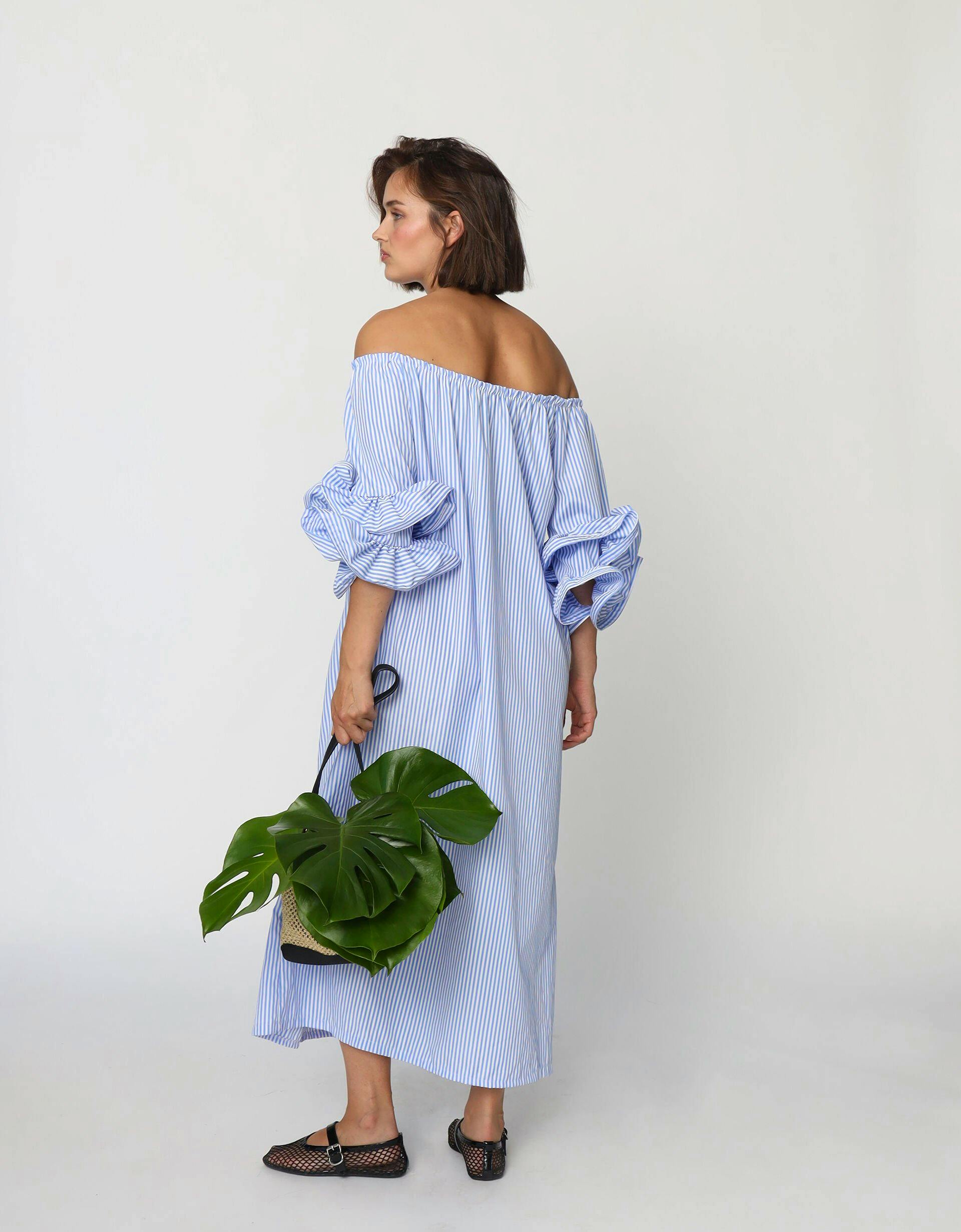 Monsoon Cras Ita Off-The-Shoulder Stripe Midi Dress Blue, £188
