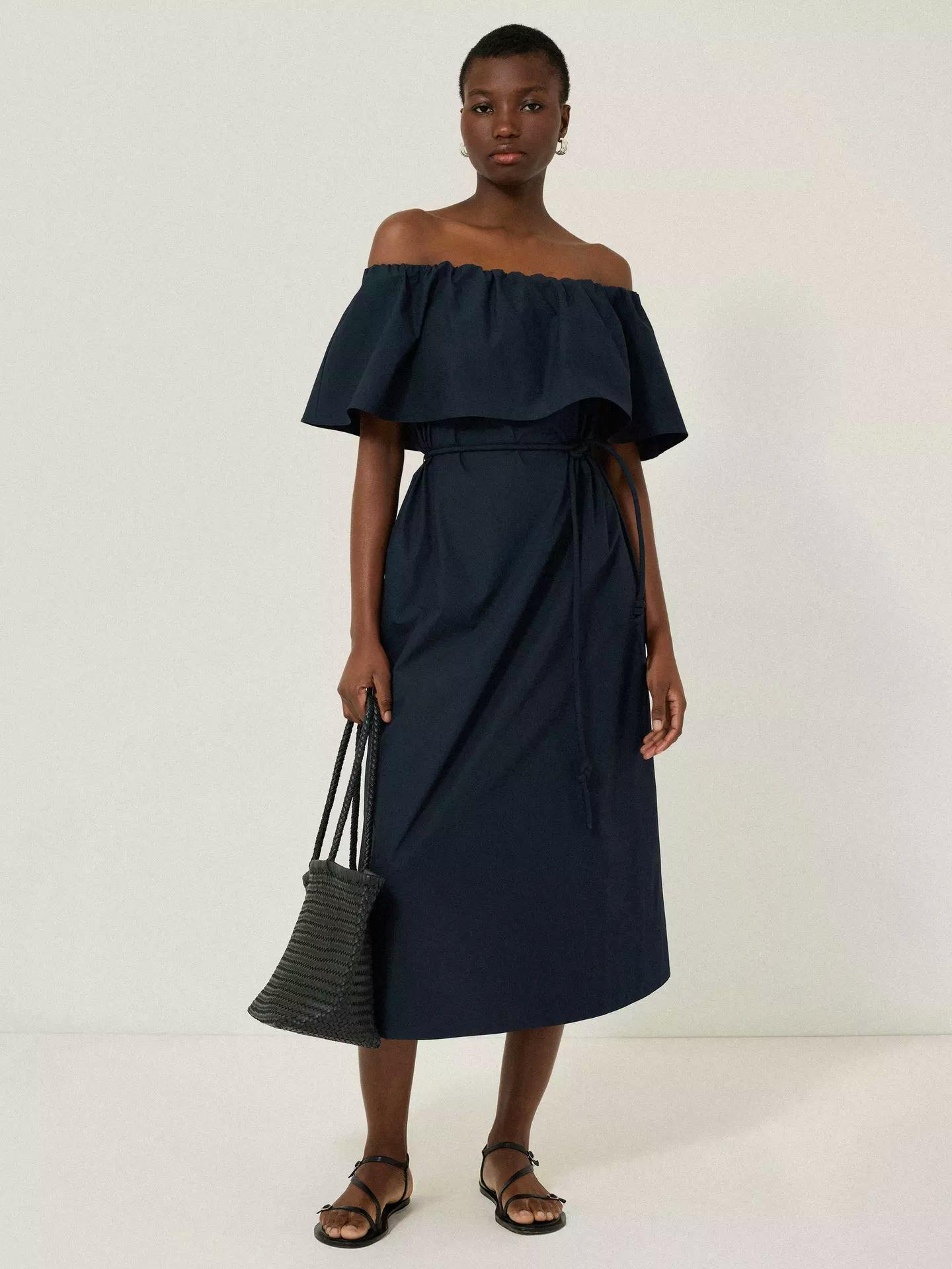 Jigsaw Off The Shoulder Poplin Dress, Navy, £165