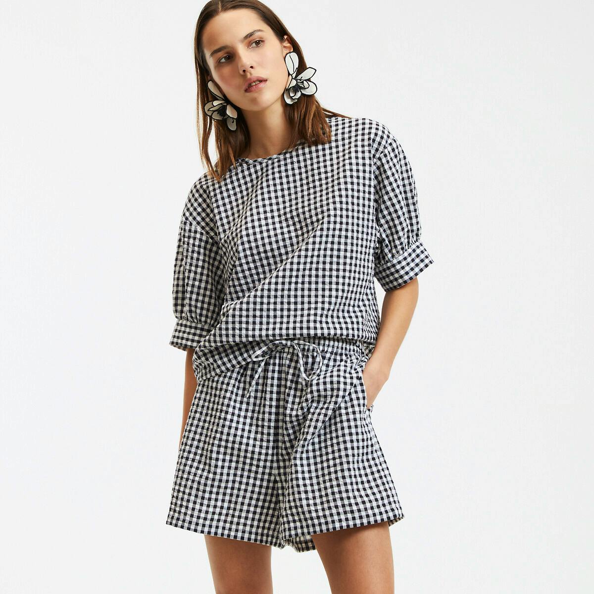 Gingham Check Blouse with Crew Neck and Balloon Sleeves £23.99