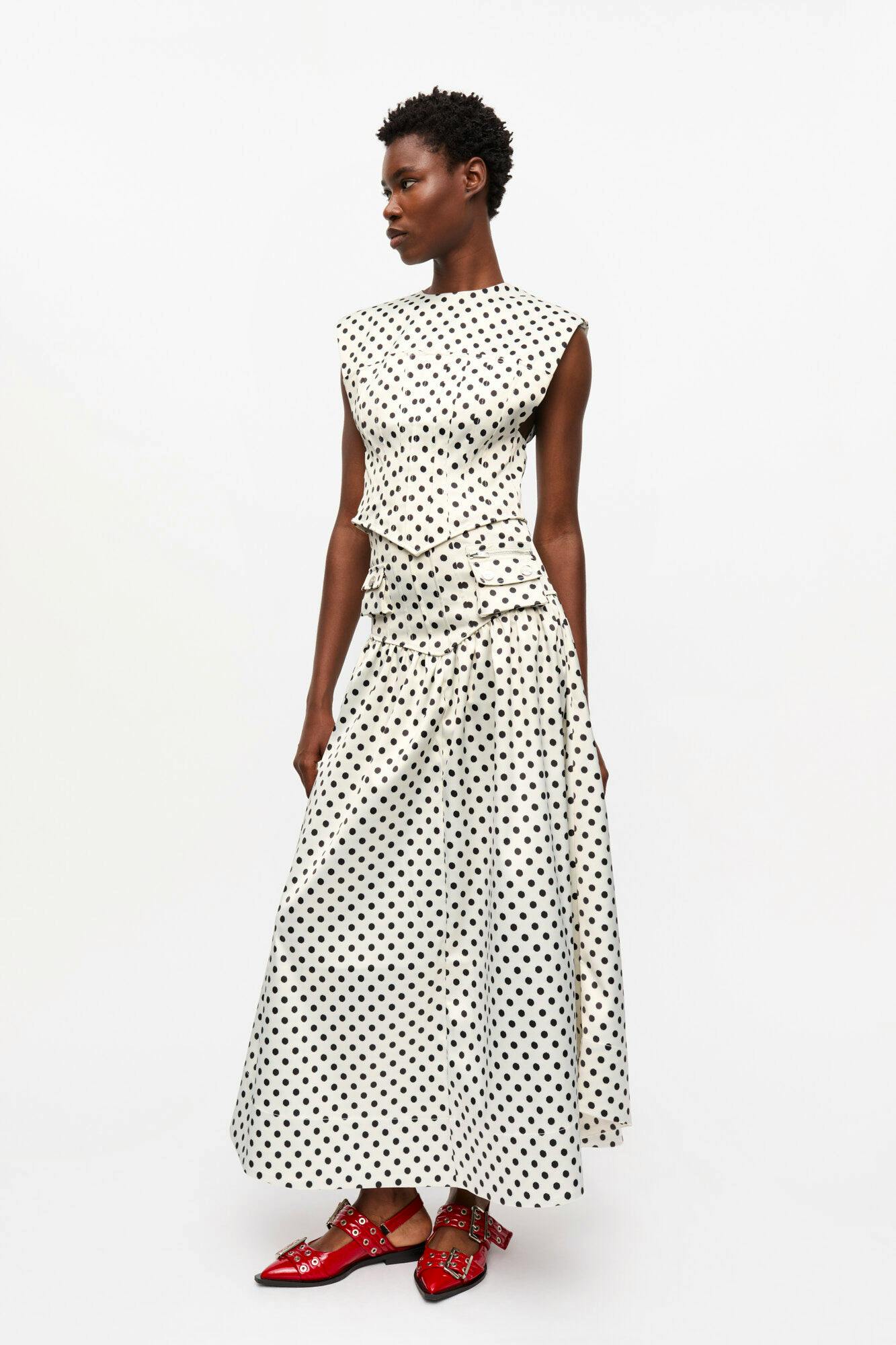 Ganni Polka Dot Double Satin Long Pocket Skirt, £345