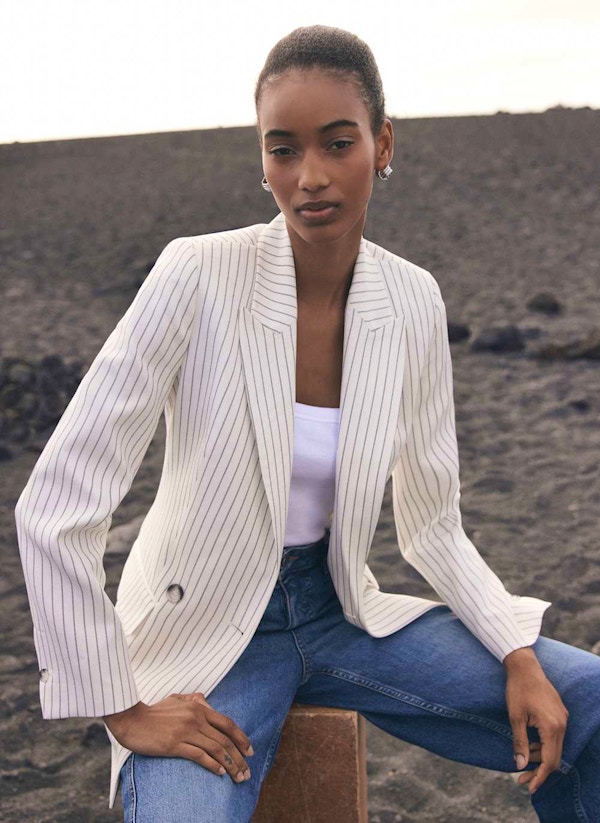 White Double Breasted Pinstripe Blazer