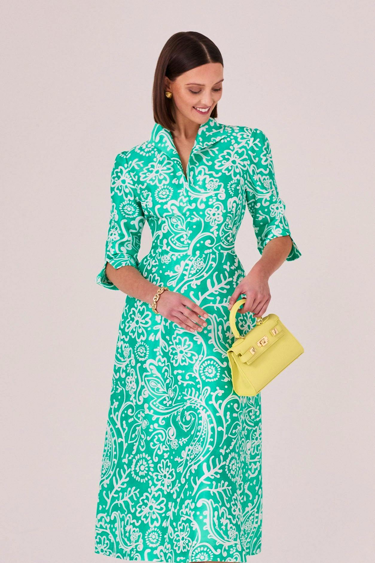 Lalage Beaumont A-Line Dress In Emerald Green and White Printed Silk Shantung, £1150