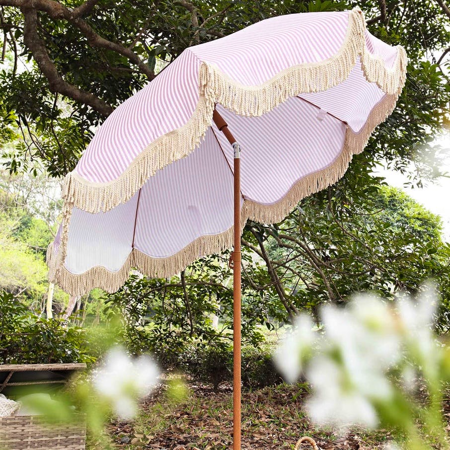 Daals Gabriel Pink and White Striped Fringed Parasol with Tilt, £89.99