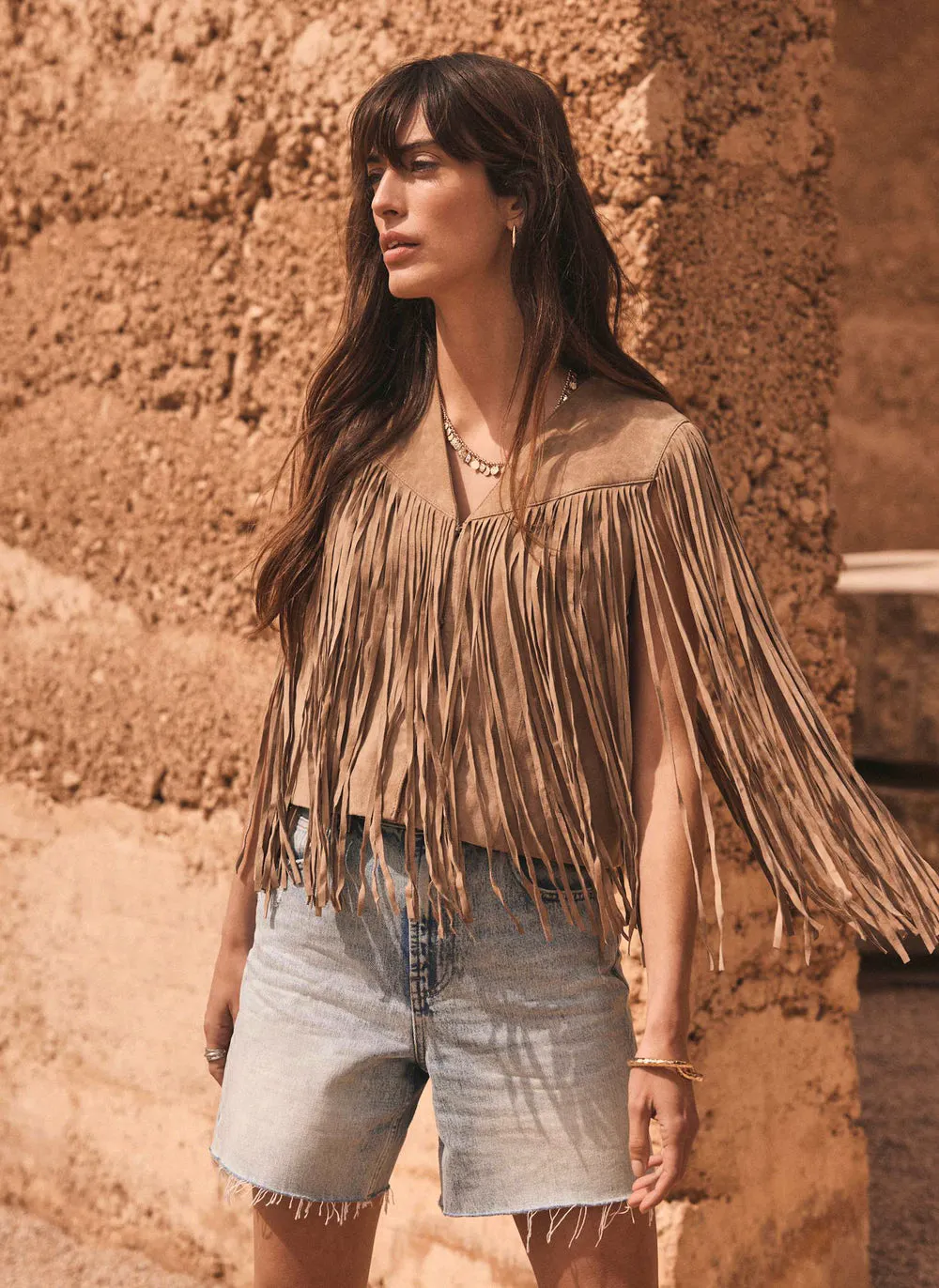 Mint Velvet Neutral Suede Fringed Waistcoat, £199