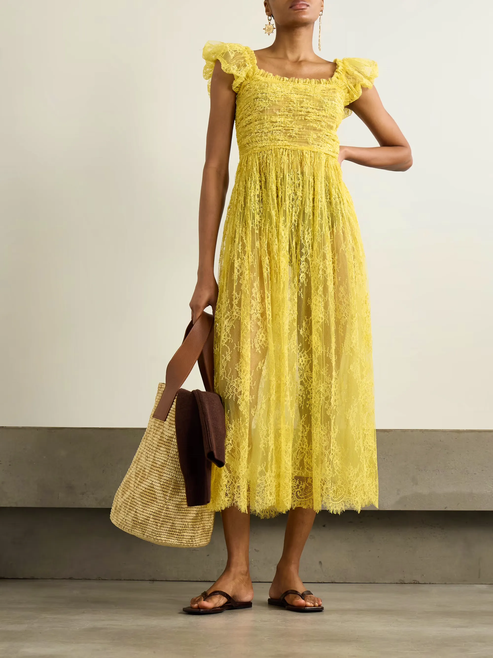 Doen Pamelina Ruffled Shirred Lace Midi Dress, £574
