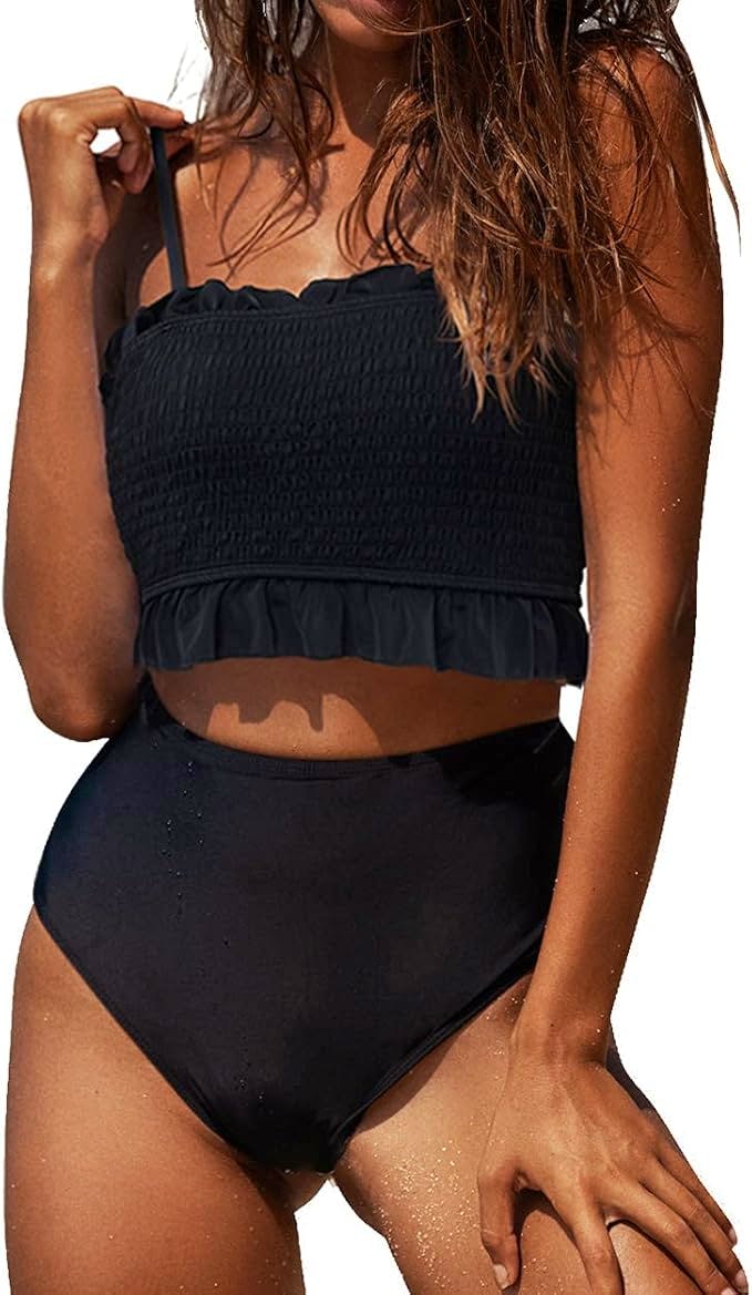 RXRXCOCO High Waisted Bikini Set for Women Strapless Bikini Bandeau Ruffled Bikini, £28.99