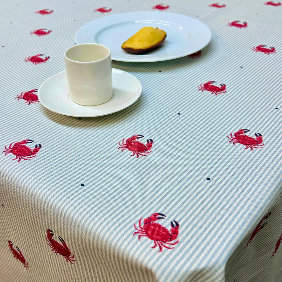 Jolee Tablecloths Duck Egg & White Stripes with Red Seaside Crabs Tablecloth, £9.99