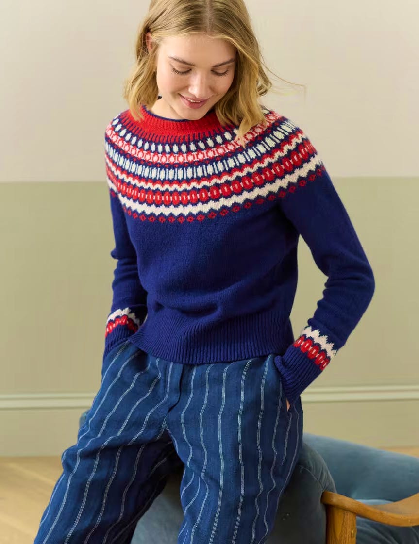 Brora - Supersoft Lambswool Fair Isle Yoke Jumper, £245, Now £115 Crafted from super soft lambswool, this jumper features a yoke design with classic Fair Isle patterns. Its luxurious feel and design make it a timeless piece.