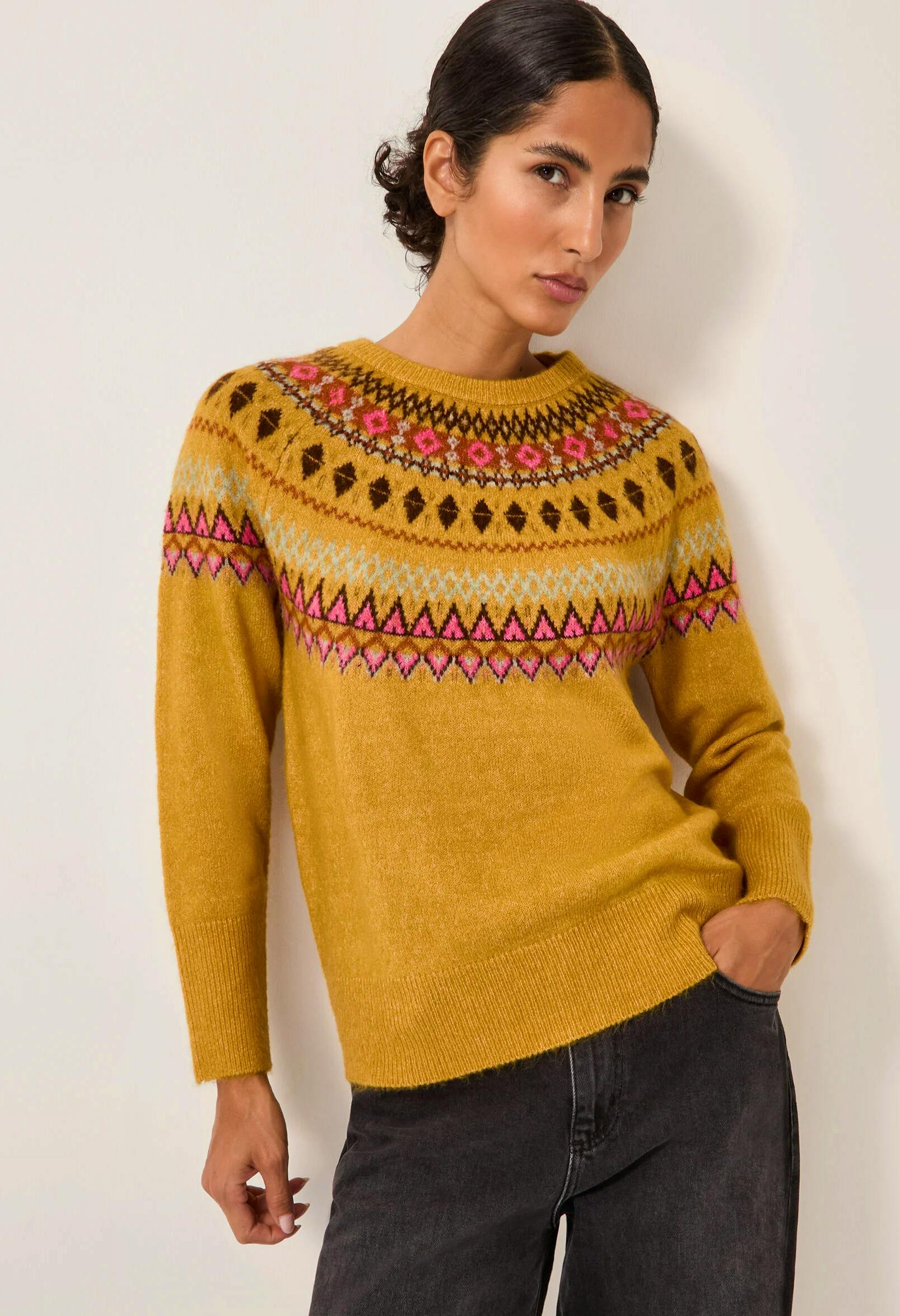 Monsoon - Fran Fair Isle Jumper Yellow, £69 A vibrant take on the classic Fair Isle jumper, the Fran features bold patterns in a cheerful yellow hue. Its soft knit ensures comfort during colder months.
