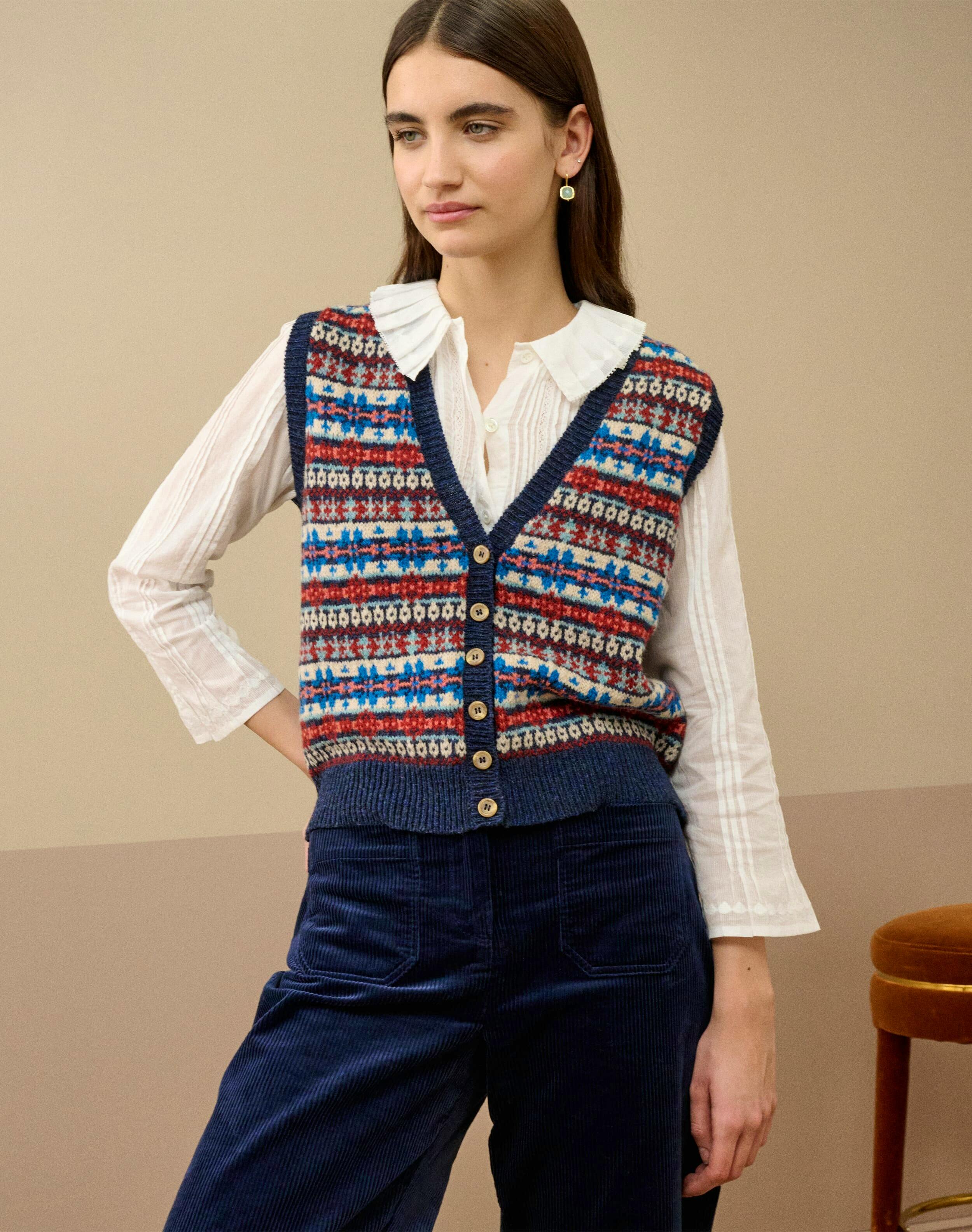 Brora - Wool Fair Isle Sleeveless Cardigan, £165 A sophisticated sleeveless cardigan, this piece features intricate Fair Isle patterns. Made from pure wool, it provides warmth without compromising on style.