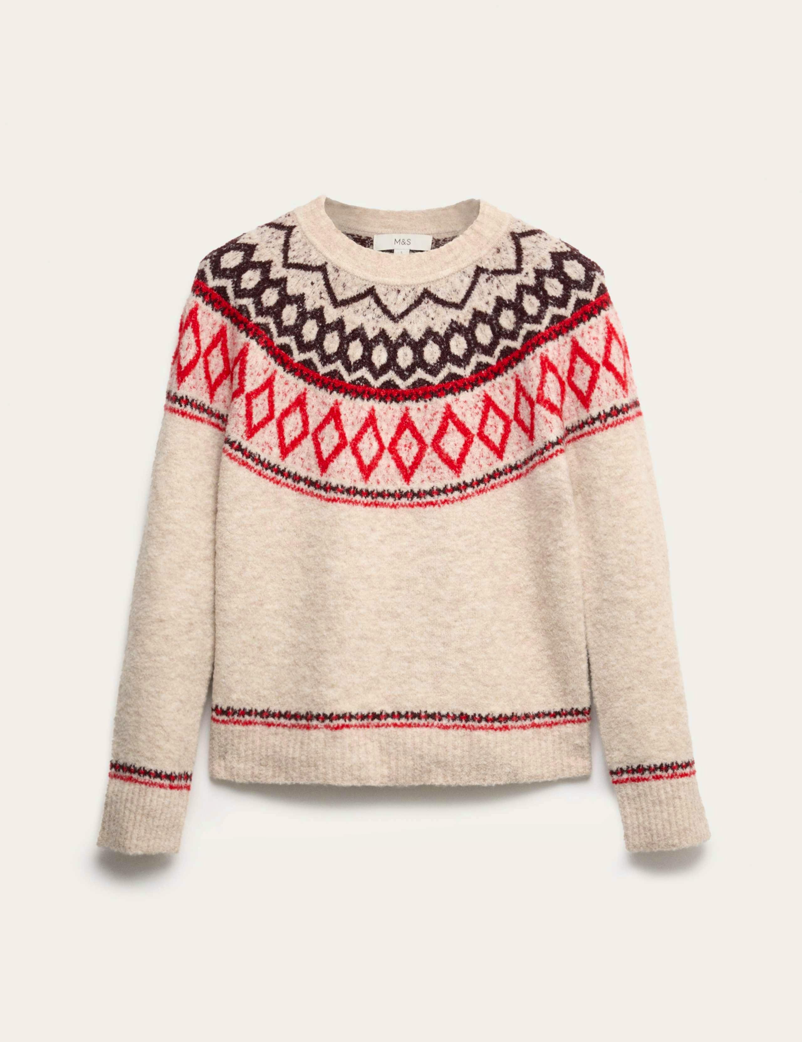 M&S Collection - Boucle Fairisle Round Neck Jumper, £36 An affordable yet stylish option, this jumper offers classic Fair Isle patterns in a sof boucle knit. Perfect for casual wear, it pairs well with jeans or skirts